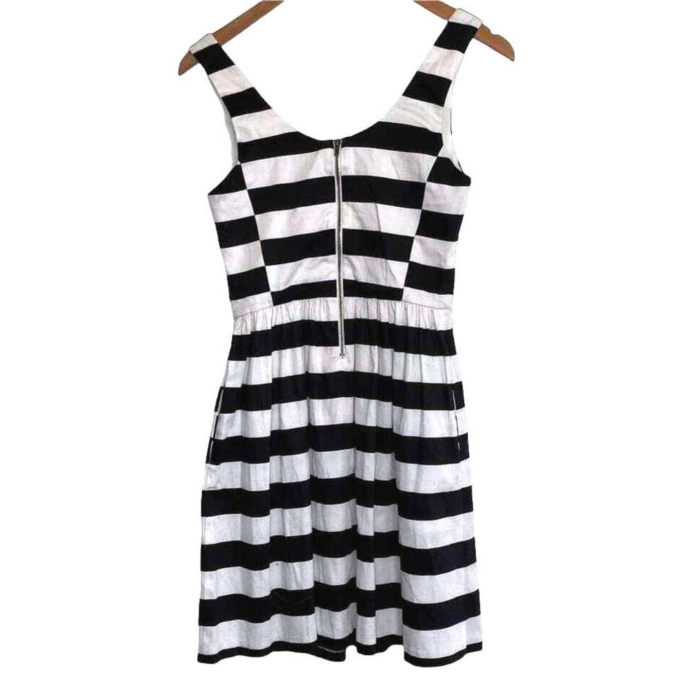 Aqua Striped Fit and Flare Dress Women XS NWT Pockets Back Zip Black White Retro - Picture 2 of 8
